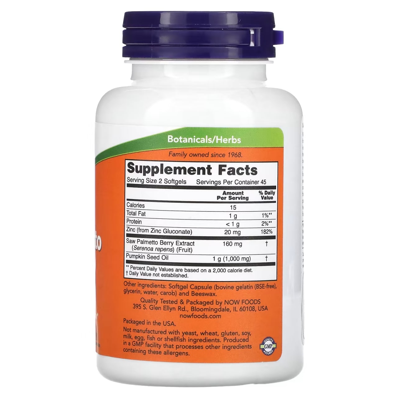 NOW Foods, экстракт серенои, с маслом из семян тыквы и цинком, 160 мг ...