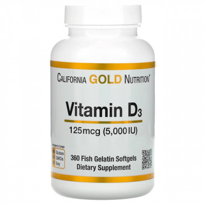 California Gold Nutrition, витамин D3, 125 мкг (5000 МЕ), 360 капсул из рыбьего желатин