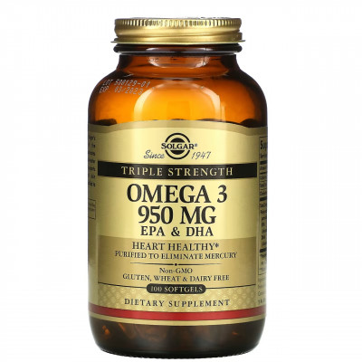 Solgar, Omega-3, EPK va DHA, uch kuch, 950 mg, 100 kapsula