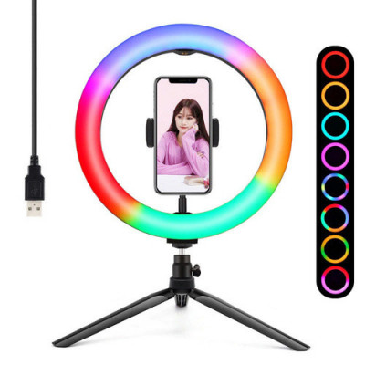 Кольцевая селфи-лампа RGB LED MJ26 (мультиколор, 26см) с держателем для смартфона и штативом